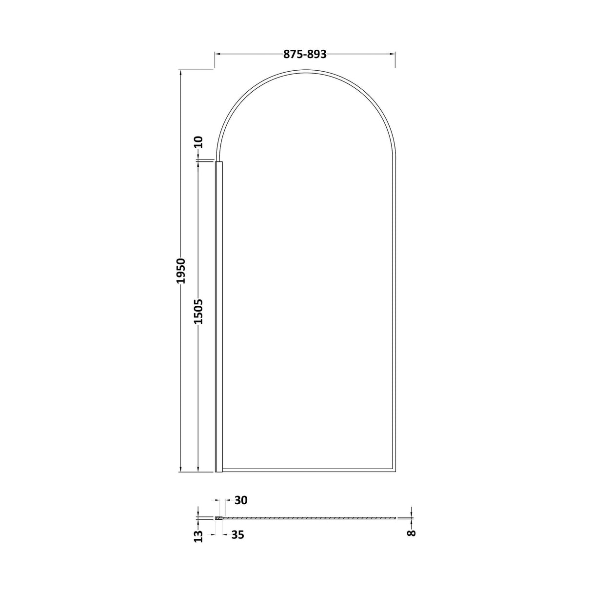 [BERBP90] Ravenshall Contemporary Bathroom 8mm Glass Arched Wetroom Screen, Matt Black, Choice of Size - Technical Drawing