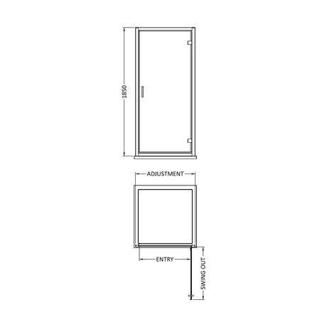 [BERUHD80] 6mm Toughened Safety Glass Reversible Hinged Shower Door - 800mm - Chrome - Technical Drawing