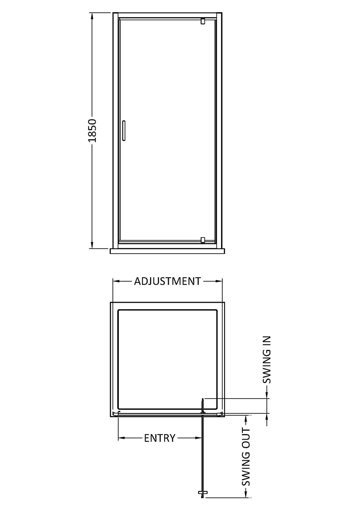 [BERUPD76BB] Contemporary 6mm Toughened Safety Glass Reversible Pivot Shower Door, H: 1850mm, Choice of Size and Colour - Technical Drawing