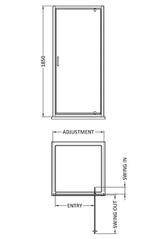 [BERUPD76BB] Contemporary 6mm Toughened Safety Glass Reversible Pivot Shower Door, H: 1850mm, Choice of Size and Colour - Technical Drawing