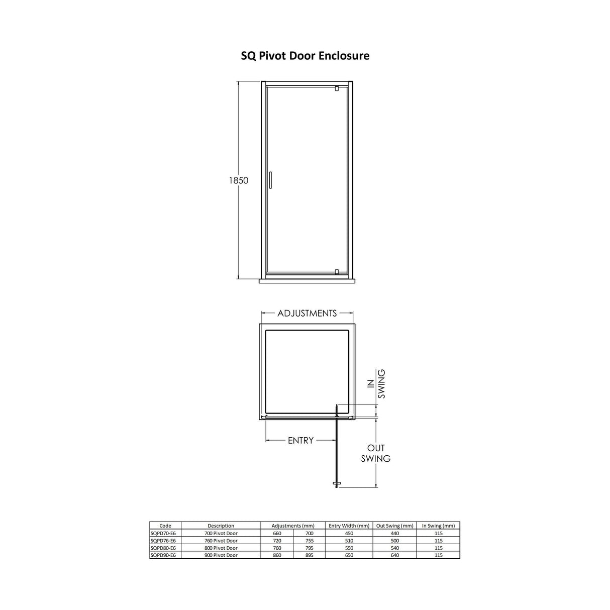 [BERUPD76BP] 6mm Toughened Safety Glass Reversible Pivot Shower Door - 760mm - Black - Technical Drawing