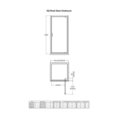 [BERUPD76BP] 6mm Toughened Safety Glass Reversible Pivot Shower Door - 760mm - Black - Technical Drawing