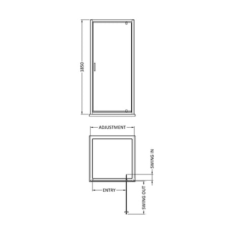 [BERUPD76] 6mm Toughened Safety Glass Reversible Pivot Shower Door - 760mm - Chrome - Technical Drawing