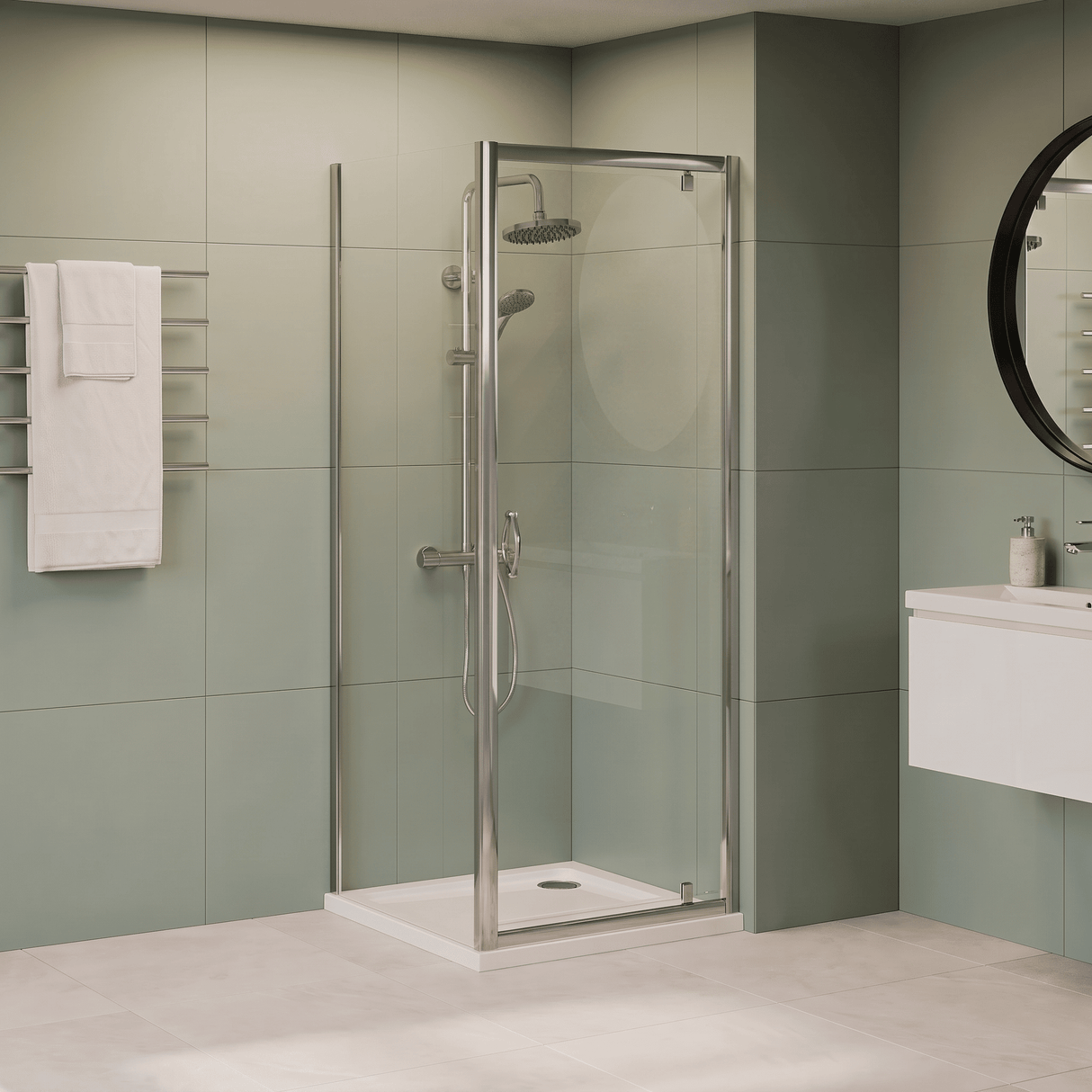 [BERUPD76] Contemporary 6mm Toughened Safety Glass Reversible Pivot Shower Door, H: 1850mm, Choice of Size and Colour