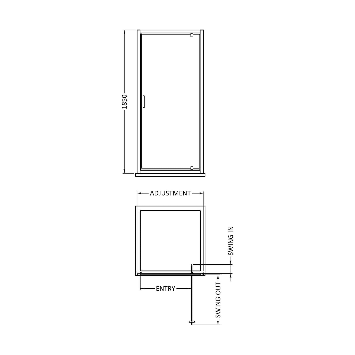 [BERUPD90] Contemporary 6mm Toughened Safety Glass Reversible Pivot Shower Door, H: 1850mm, Choice of Size and Colour - Technical Drawing
