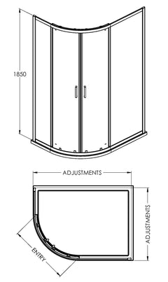 [BERUQ108BB] Contemporary 6mm Toughened Safety Glass Offset Quadrant Shower Enclosure, H: 1850mm, Choice of Size and Colour - Technical Drawing