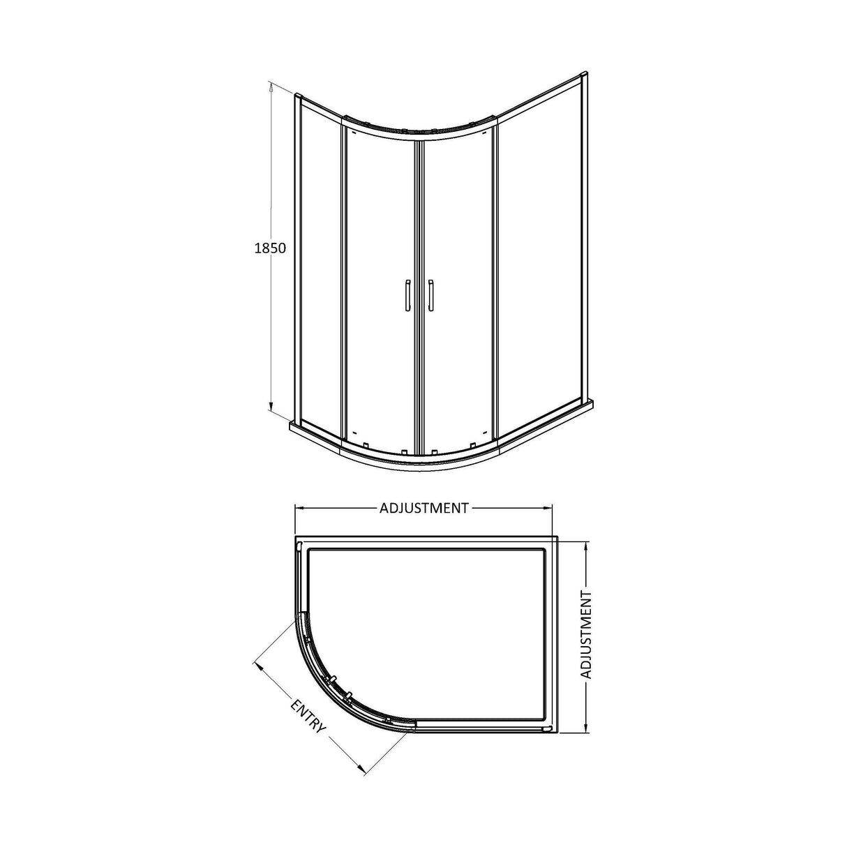 [BERUQ108BP] Contemporary 6mm Toughened Safety Glass Offset Quadrant Shower Enclosure, H: 1850mm, Choice of Size and Colour - Technical Drawing