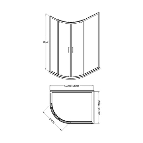 [BERUQ108] Offset Quadrant 6mm Toughened Safety Glass Shower Enclosure - 1000mm x 800mm - Chrome - Technical Drawing