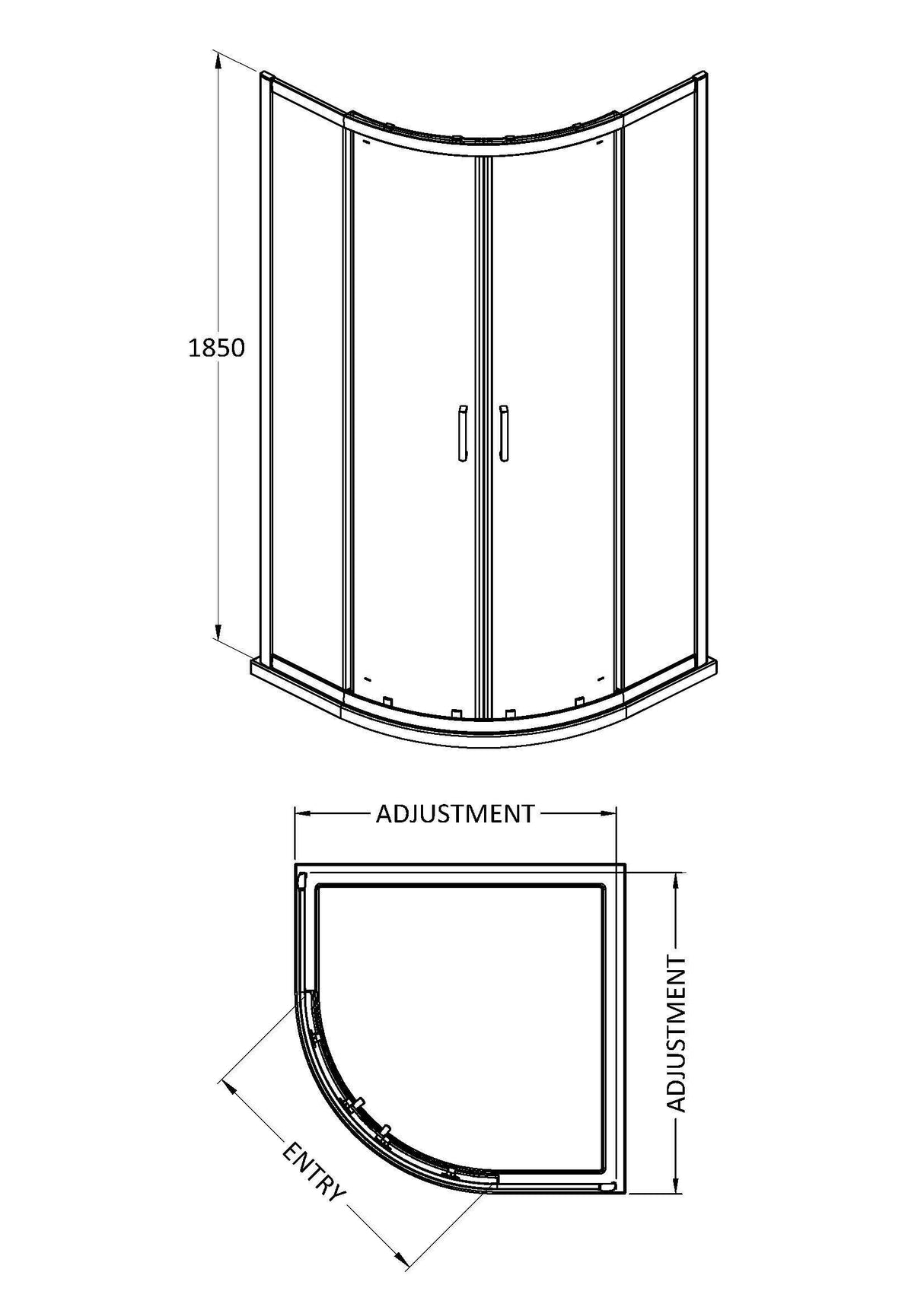 [BERUQ80BB] Contemporary 6mm Toughened Safety Glass Quadrant Shower Enclosure, H: 1850mm, Choice of Size and Colour - Technical Drawing