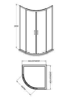 [BERUQ80BB] Contemporary 6mm Toughened Safety Glass Quadrant Shower Enclosure, H: 1850mm, Choice of Size and Colour - Technical Drawing