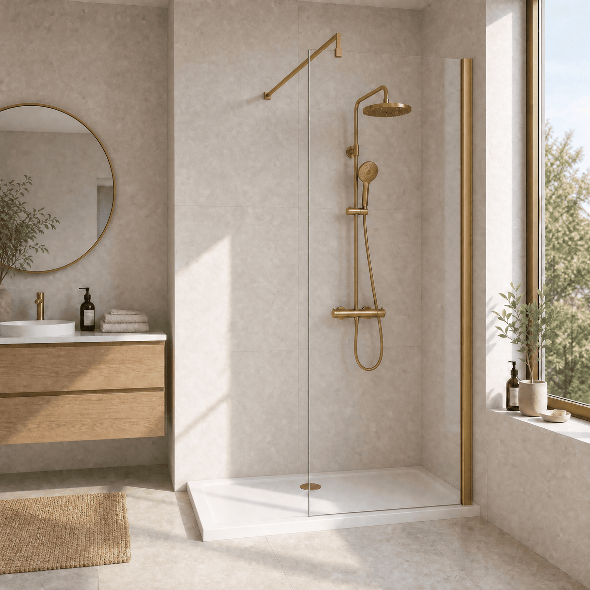 [BESCBB070] Blymhill 8mm Toughened Safety Glass Wetroom Screen with Support Bar, H: 1850mm - Choice of Size and Colour - Lifestyle 1