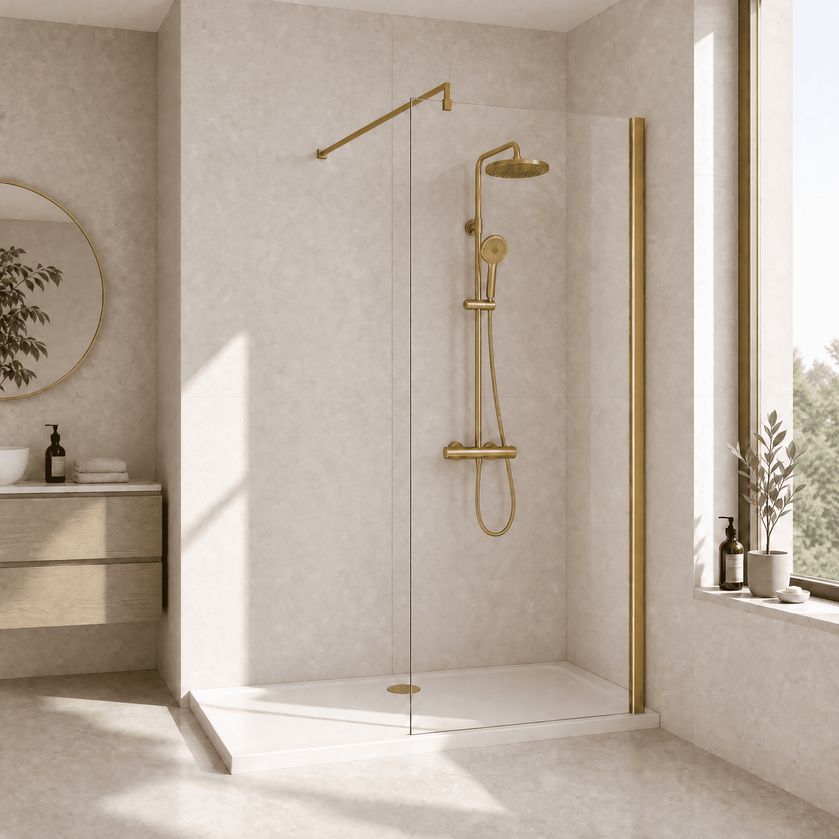 [BESCBB076] Blymhill 8mm Toughened Safety Glass Wetroom Screen with Support Bar, H: 1850mm - Choice of Size and Colour - Lifestyle 1