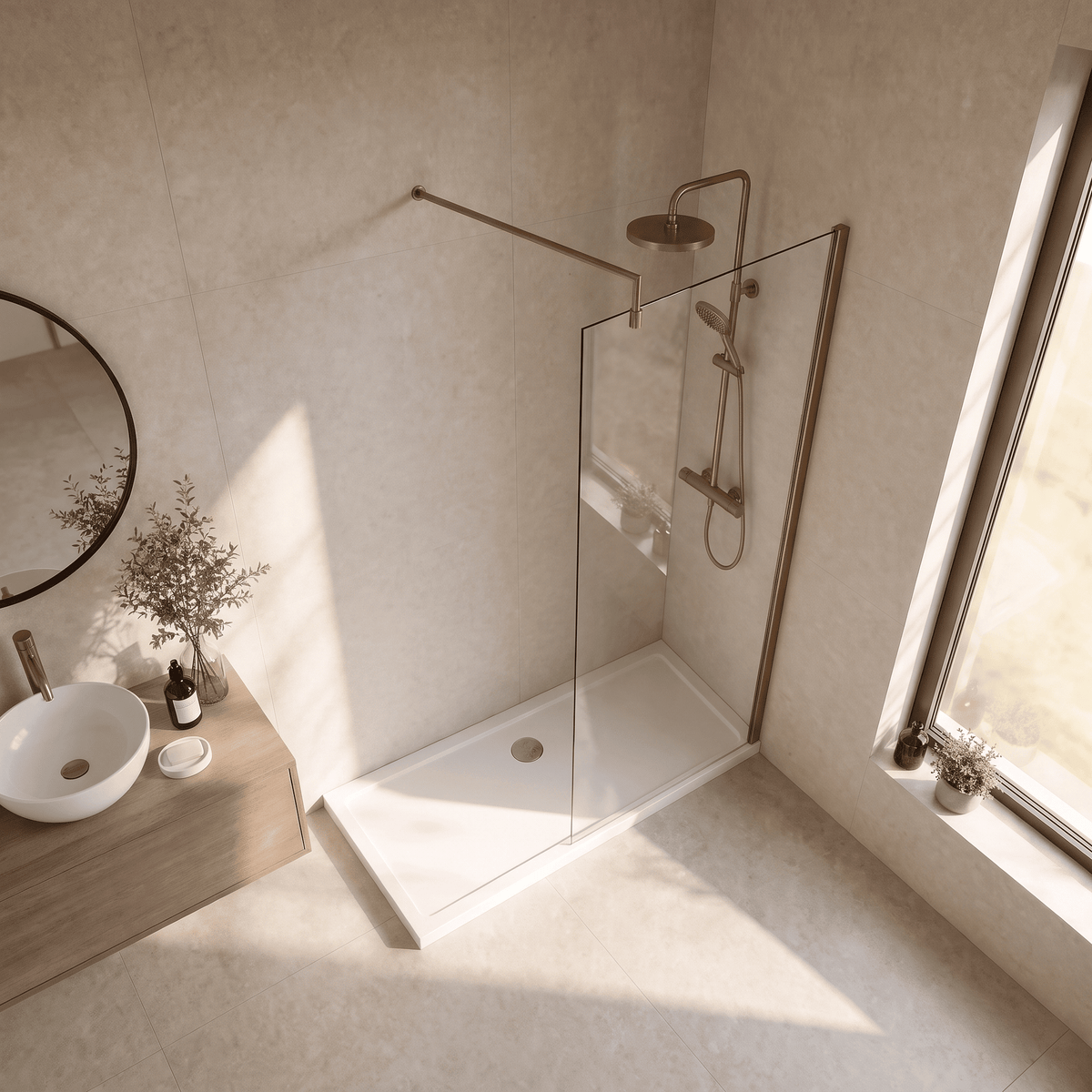 [BESCBB076] Blymhill 8mm Toughened Safety Glass Wetroom Screen with Support Bar, H: 1850mm - Choice of Size and Colour - Lifestyle 2