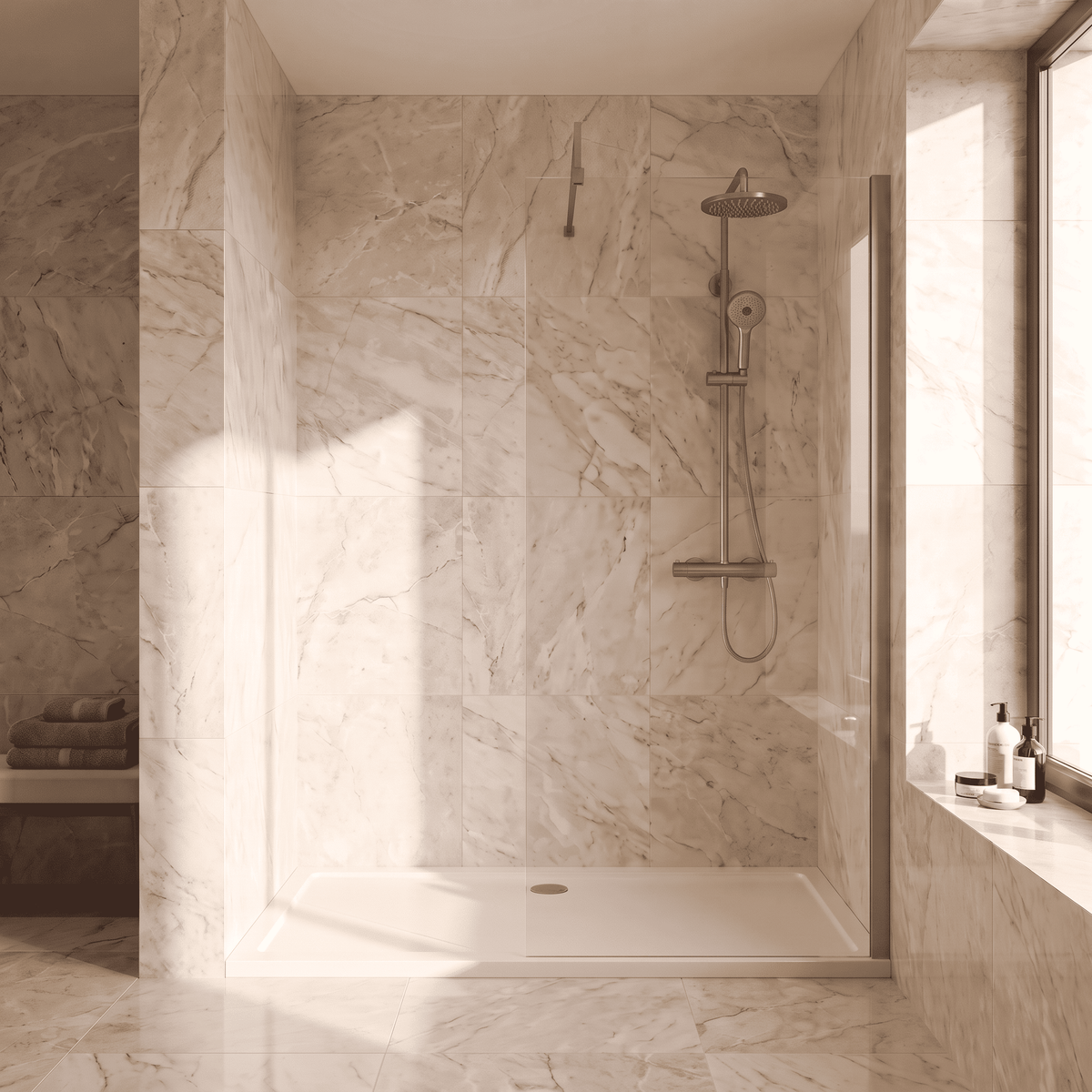 [BESCBB080] Blymhill 8mm Toughened Safety Glass Wetroom Screen with Support Bar, H: 1850mm - Choice of Size and Colour - Lifestyle 1