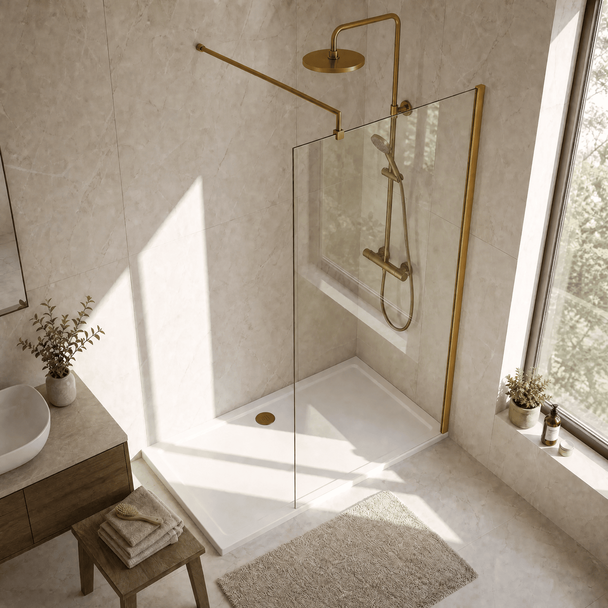 [BESCBB080] Blymhill 8mm Toughened Safety Glass Wetroom Screen with Support Bar, H: 1850mm - Choice of Size and Colour - Lifestyle 2