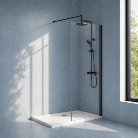 [BESCBP070] Blymhill 8mm Toughened Safety Glass Wetroom Screen with Support Bar, H: 1850mm - Choice of Size and Colour - Silo
