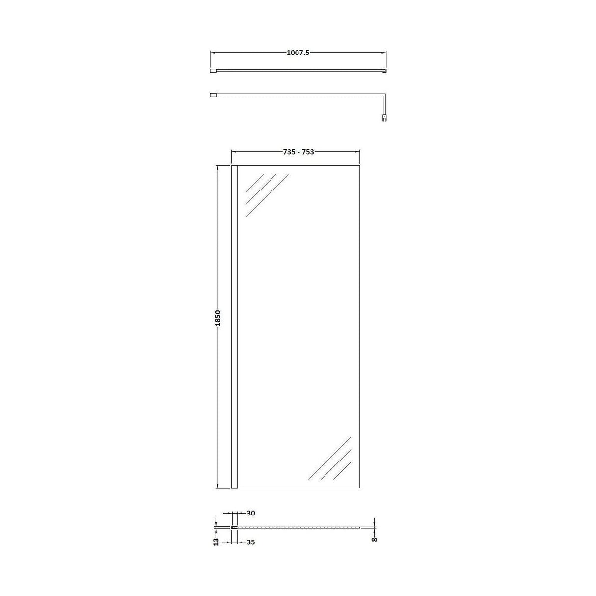 [BESCBP076] 760 Wetroom panel/suport bar, MB - Technical Drawing