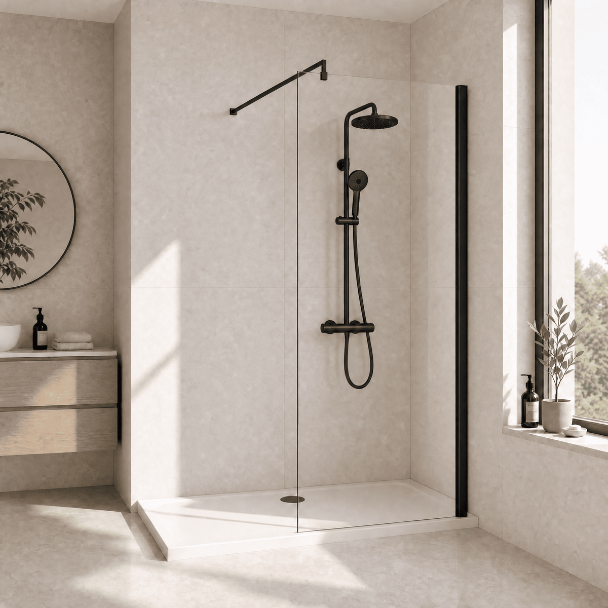 [BESCBP076] Blymhill 8mm Toughened Safety Glass Wetroom Screen with Support Bar, H: 1850mm - Choice of Size and Colour - Lifestyle 1