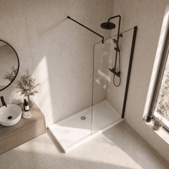 [BESCBP076] Blymhill 8mm Toughened Safety Glass Wetroom Screen with Support Bar, H: 1850mm - Choice of Size and Colour - Lifestyle 2