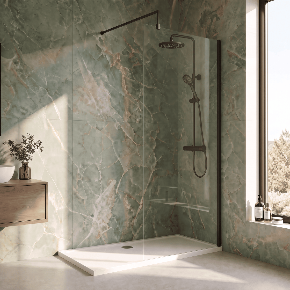 [BESCBP080] Blymhill 8mm Toughened Safety Glass Wetroom Screen with Support Bar, H: 1850mm - Choice of Size and Colour - Lifestyle 1