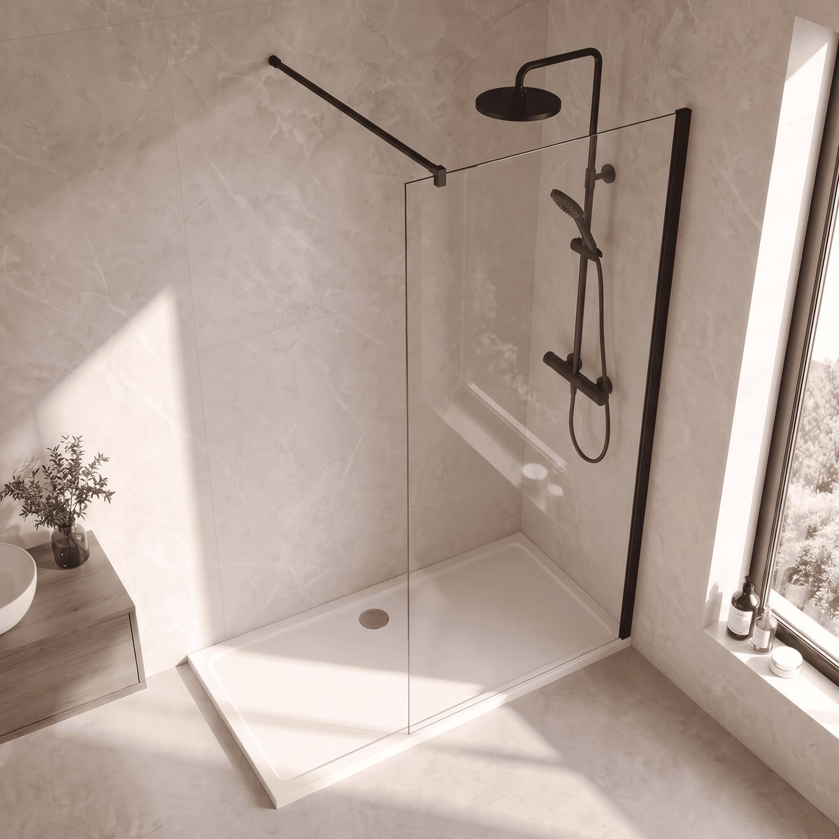 [BESCBP080] Blymhill 8mm Toughened Safety Glass Wetroom Screen with Support Bar, H: 1850mm - Choice of Size and Colour - Lifestyle 2