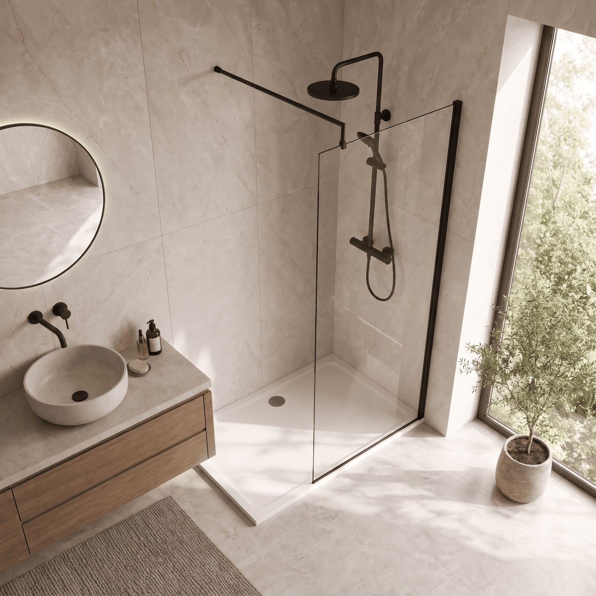 [BESCBP090] Blymhill 8mm Toughened Safety Glass Wetroom Screen with Support Bar, H: 1850mm - Choice of Size and Colour - Lifestyle 2