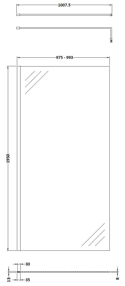 [BESO1000CP] Blymhill Contemporary 8mm Toughened Safety Glass Wetroom Screen with Support Bar, H: 1950mm, Choice of Size and Colour