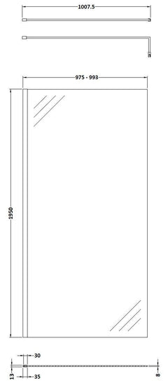 [BESO1000CP] Blymhill Contemporary 8mm Toughened Safety Glass Wetroom Screen with Support Bar, H: 1950mm, Choice of Size and Colour