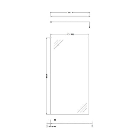 [BESO1000MB] Balterley Contemporary Bathroom 8mm Glass Profile Wetroom Screen with Support Bar, Matt Black, 1950 x 1000 x 14mm - Technical Drawing