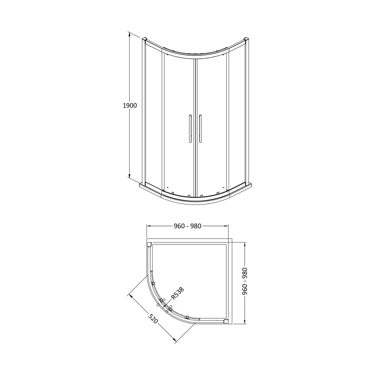 [BESO100BP] Kinvaston Quadrant Shower Enclosure with 8mm Glass & Easyfit Assembly System, H: 1900mm - Choice of Size and Colour - Technical Drawing