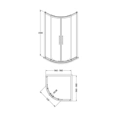 [BESO100] Balterley Sonic 1000mm Quadrant Shower Enclosure with 8mm Glass and Easyfit Assembly System - Chrome - Technical Drawing