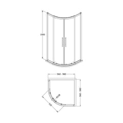 [BESO100] Kinvaston Quadrant Shower Enclosure with 8mm Glass & Easyfit Assembly System, H: 1900mm - Choice of Size and Colour - Technical Drawing