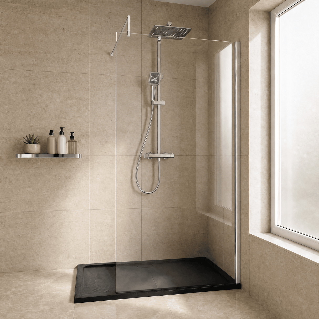 [BESO1100CP] Blymhill Contemporary 8mm Toughened Safety Glass Wetroom Screen with Support Bar, H: 1950mm, Choice of Size and Colour - Studio Shot
