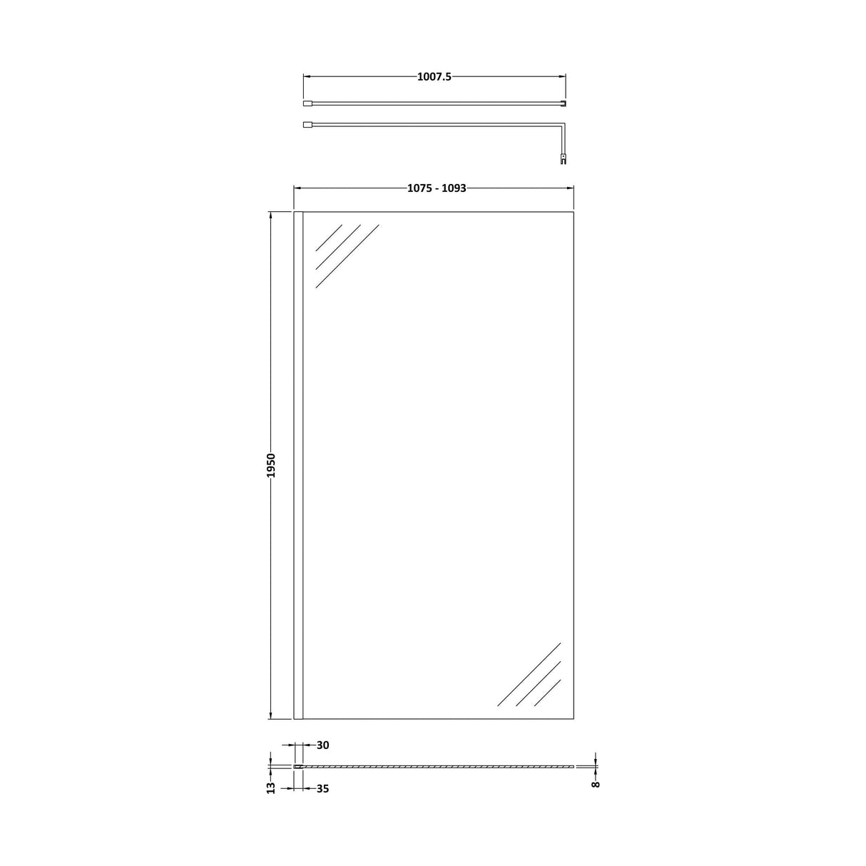 [BESO1100MB] Blymhill Contemporary 8mm Toughened Safety Glass Wetroom Screen with Support Bar, H: 1950mm, Choice of Size and Colour - Technical Drawing