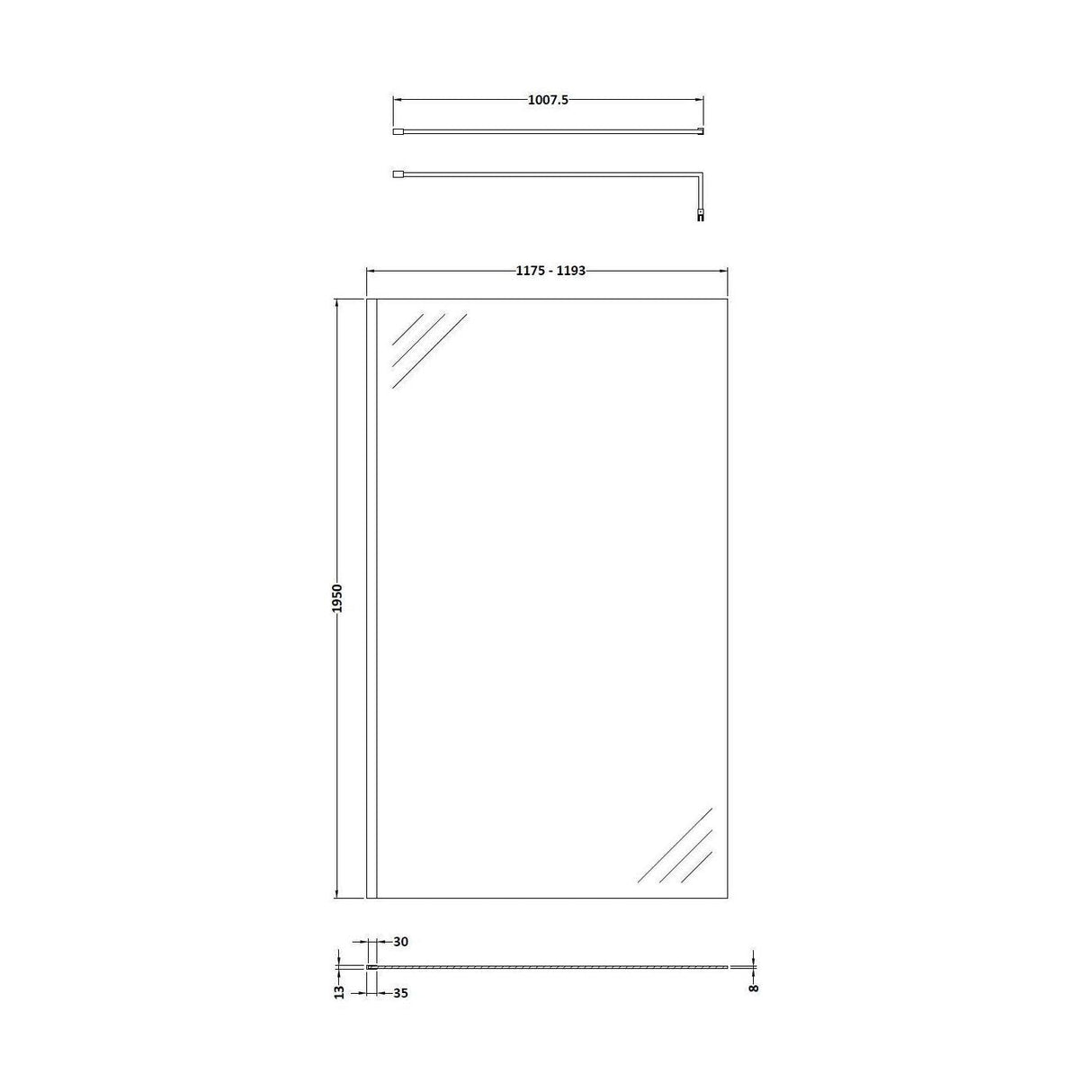 [BESO1200BB] Blymhill Contemporary 8mm Toughened Safety Glass Wetroom Screen with Support Bar, H: 1950mm, Choice of Size and Colour - Technical Drawing