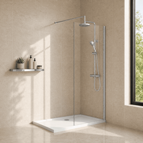 [BESO700CP] Blymhill Contemporary 8mm Toughened Safety Glass Wetroom Screen with Support Bar, H: 1950mm, Choice of Size and Colour - Studio Shot