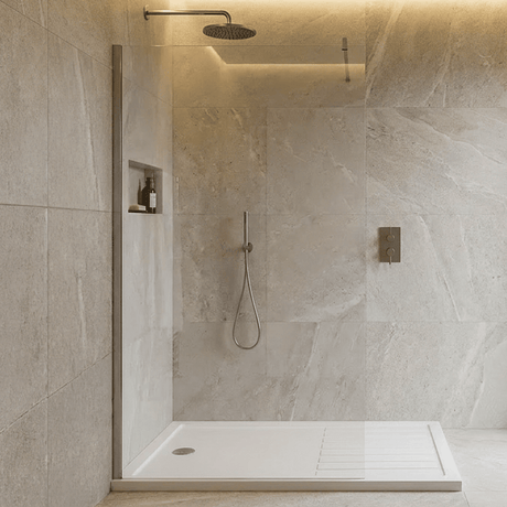 [BESO760CP] Blymhill Contemporary 8mm Toughened Safety Glass Wetroom Screen with Support Bar, H: 1950mm, Choice of Size and Colour - Silo