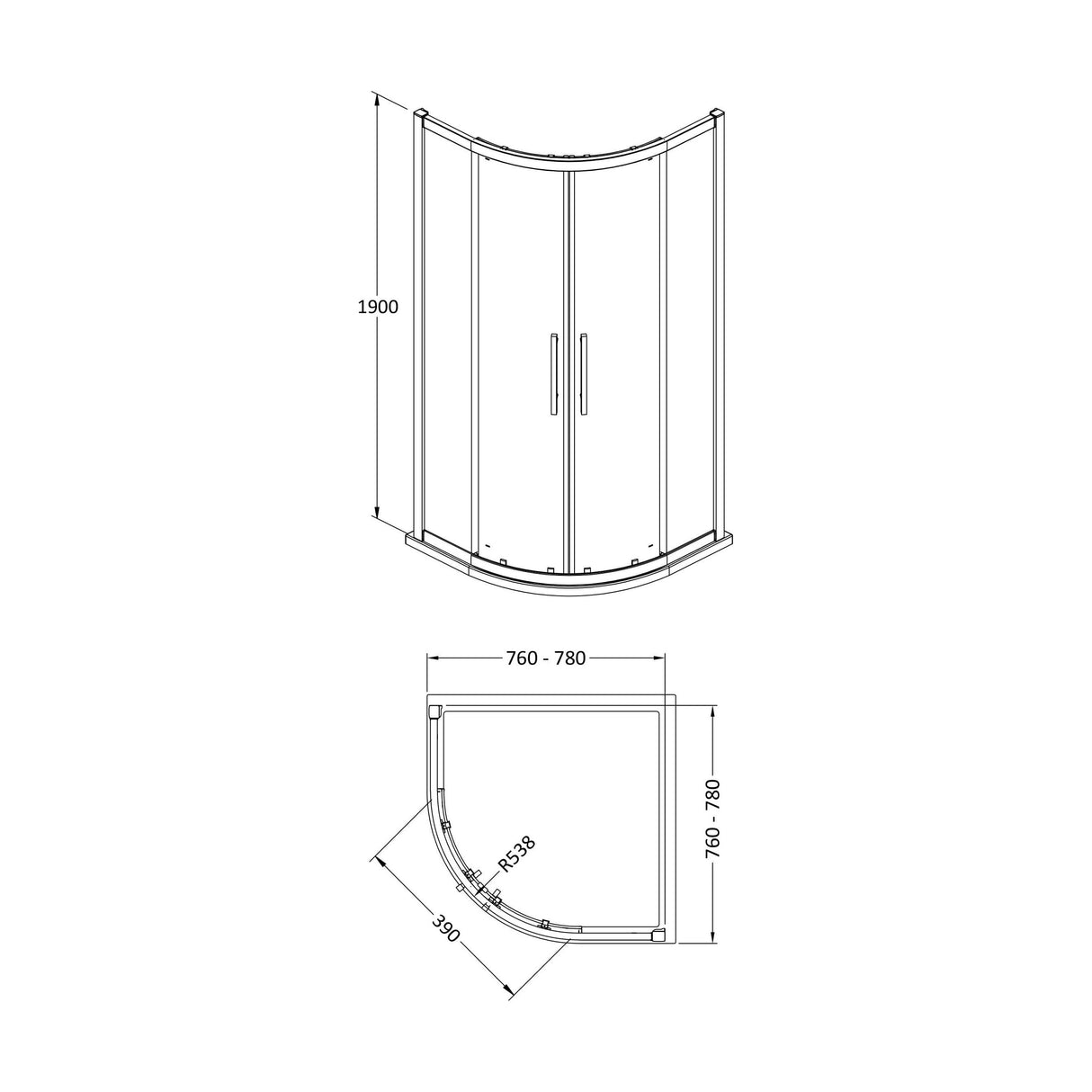 [BESO800] Balterley Sonic 800mm Quadrant Shower Enclosure with 8mm Glass, Bar Handle & Easyfit Assembly System - Chrome - Technical Drawing