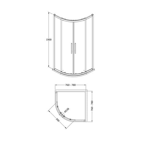[BESO800] Balterley Sonic 800mm Quadrant Shower Enclosure with 8mm Glass, Bar Handle & Easyfit Assembly System - Chrome - Technical Drawing
