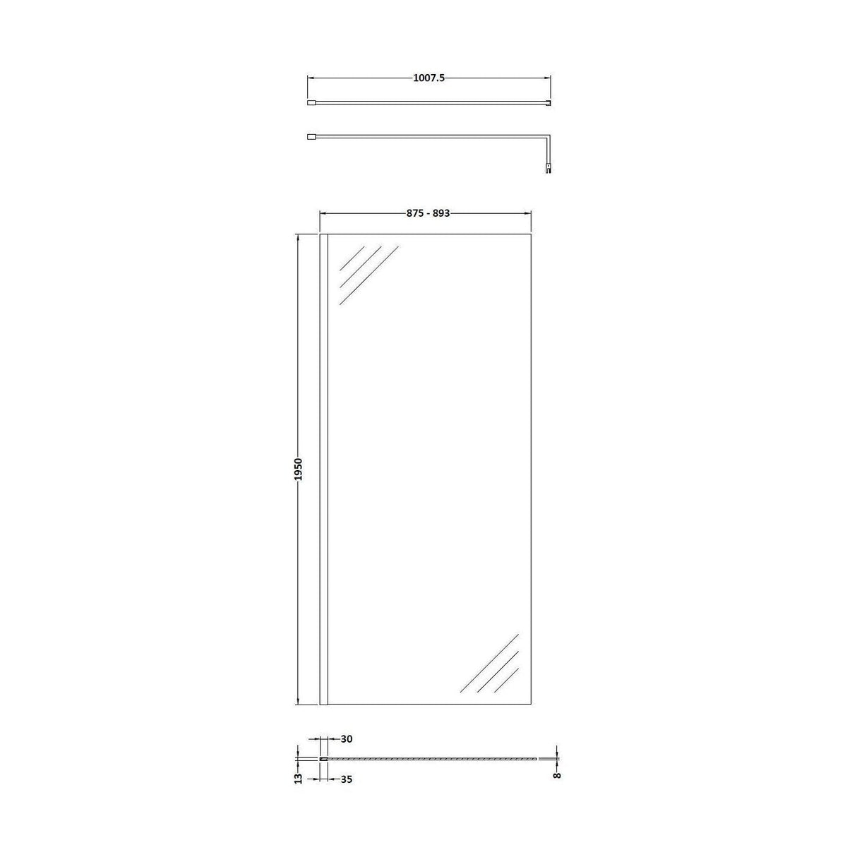 [BESO900BB] Blymhill Contemporary 8mm Toughened Safety Glass Wetroom Screen with Support Bar, H: 1950mm, Choice of Size and Colour - Technical Drawing