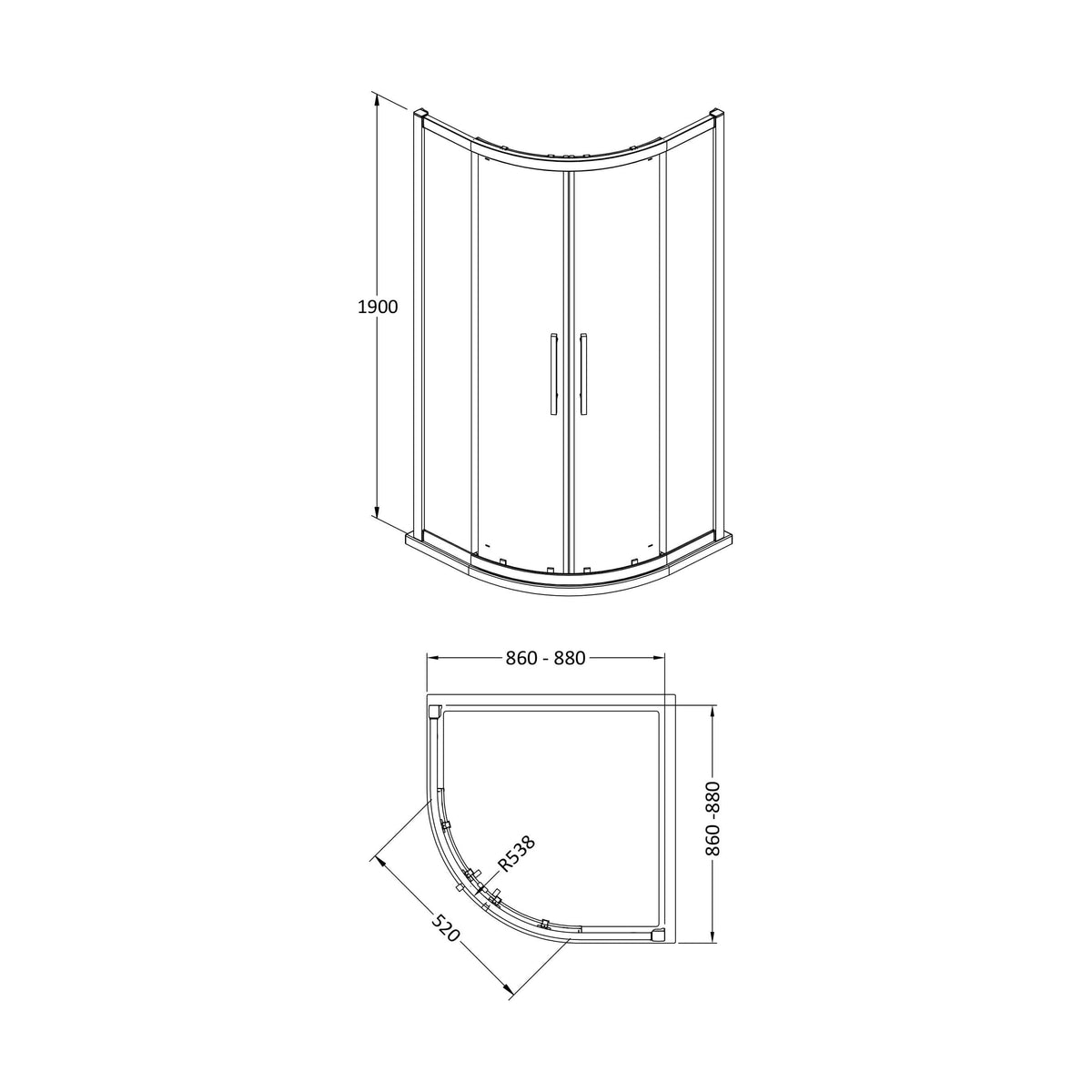[BESO900] Kinvaston Quadrant Shower Enclosure with 8mm Glass & Easyfit Assembly System, H: 1900mm - Choice of Size and Colour - Technical Drawing
