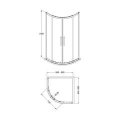 [BESO900] Kinvaston Quadrant Shower Enclosure with 8mm Glass & Easyfit Assembly System, H: 1900mm - Choice of Size and Colour - Technical Drawing