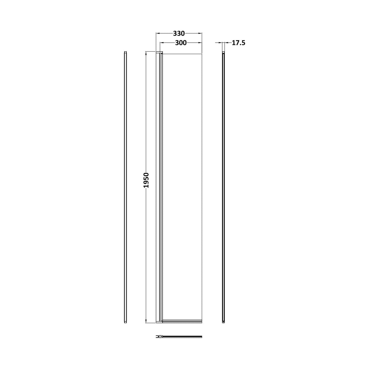 [BESOBP30HC] Blymhill 8mm Toughened Safety Glass Hinged Flipper Return Screen, 1950 x 322mm - Choice of Colour - Technical Drawing