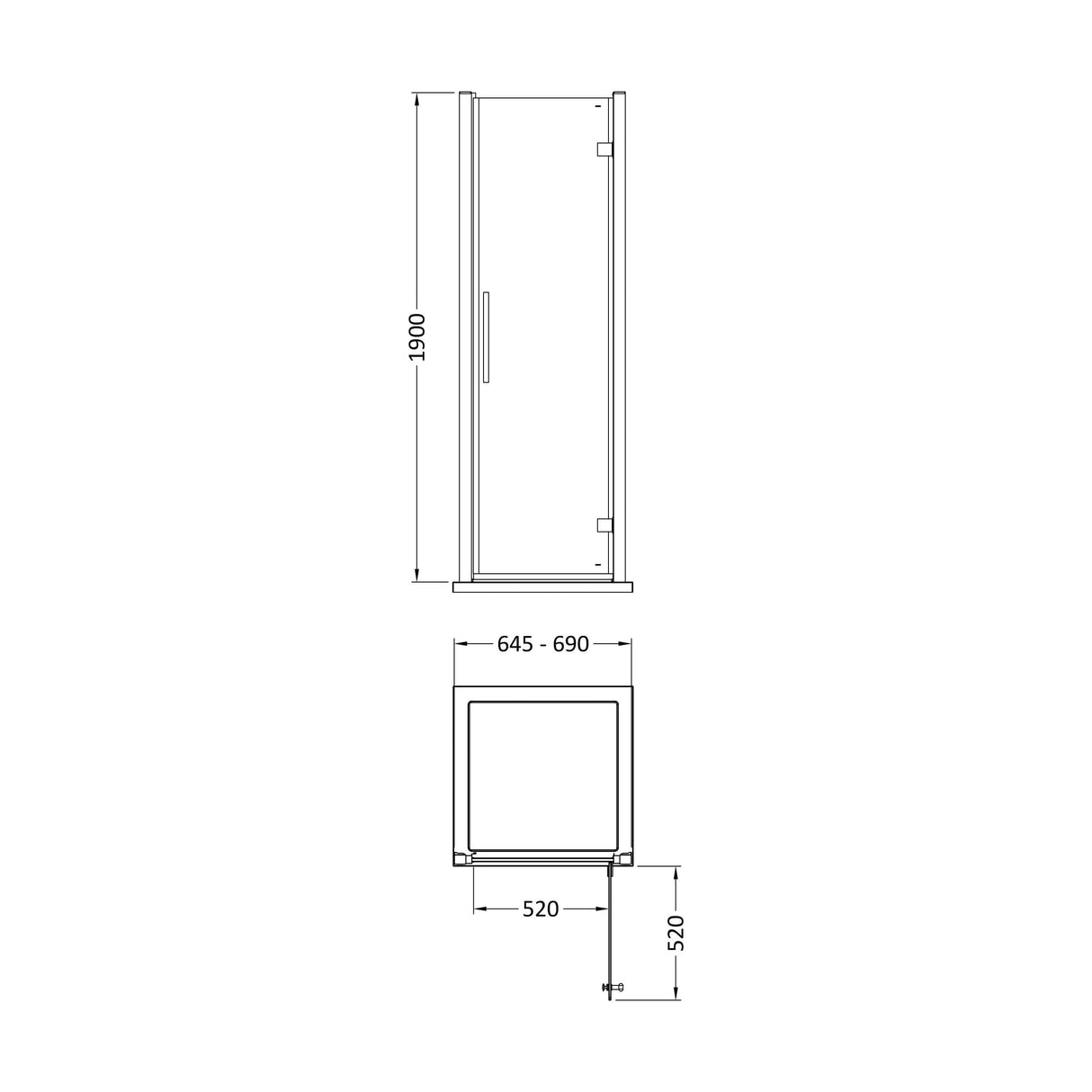 [BESOHD7H4] Sonic 8mm Toughened Safety Glass Hinged Shower Door - Multiple Sizes Available - Technical Drawing
