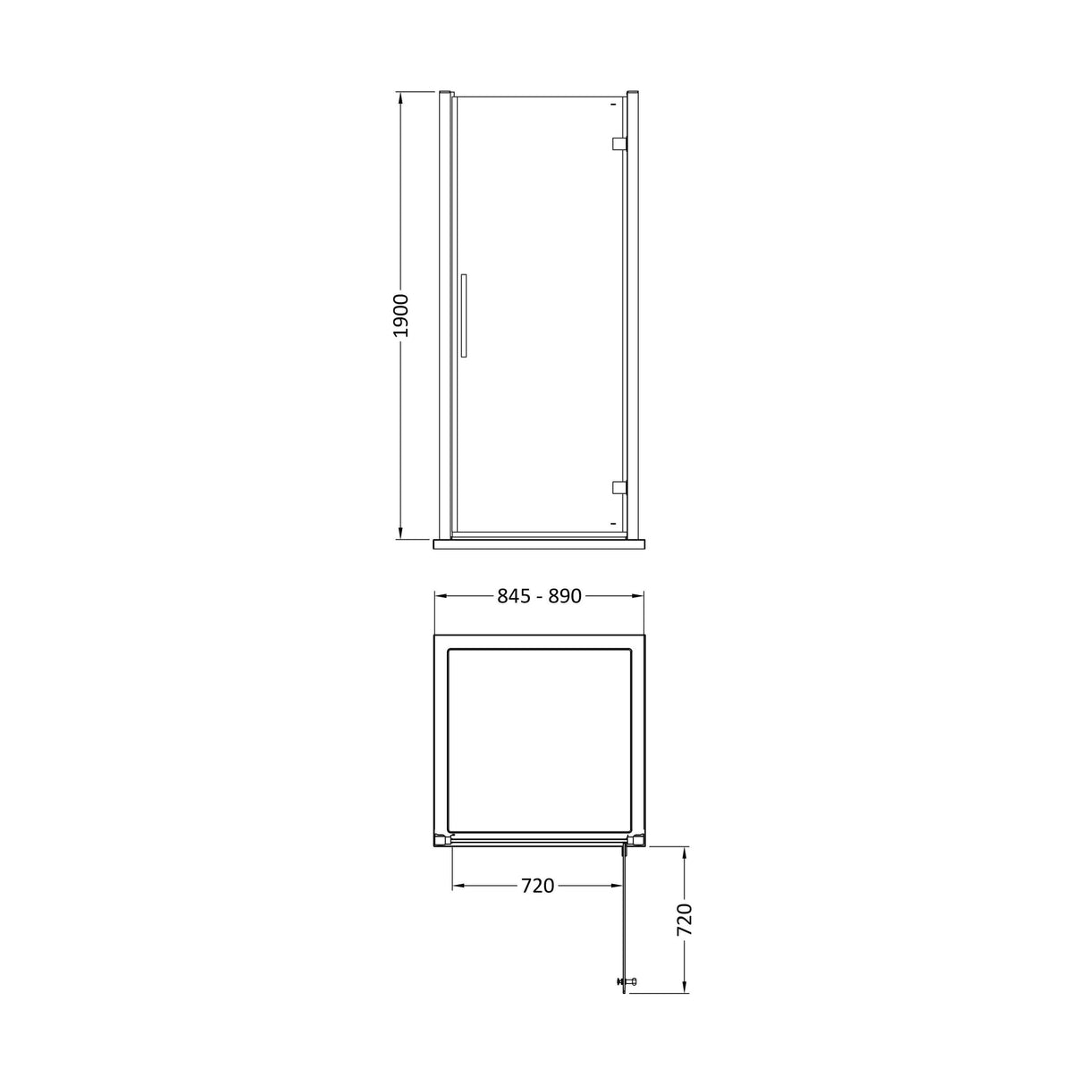 [BESOHD9] Sonic 8mm Toughened Safety Glass Hinged Shower Door - Multiple Sizes Available - Technical Drawing