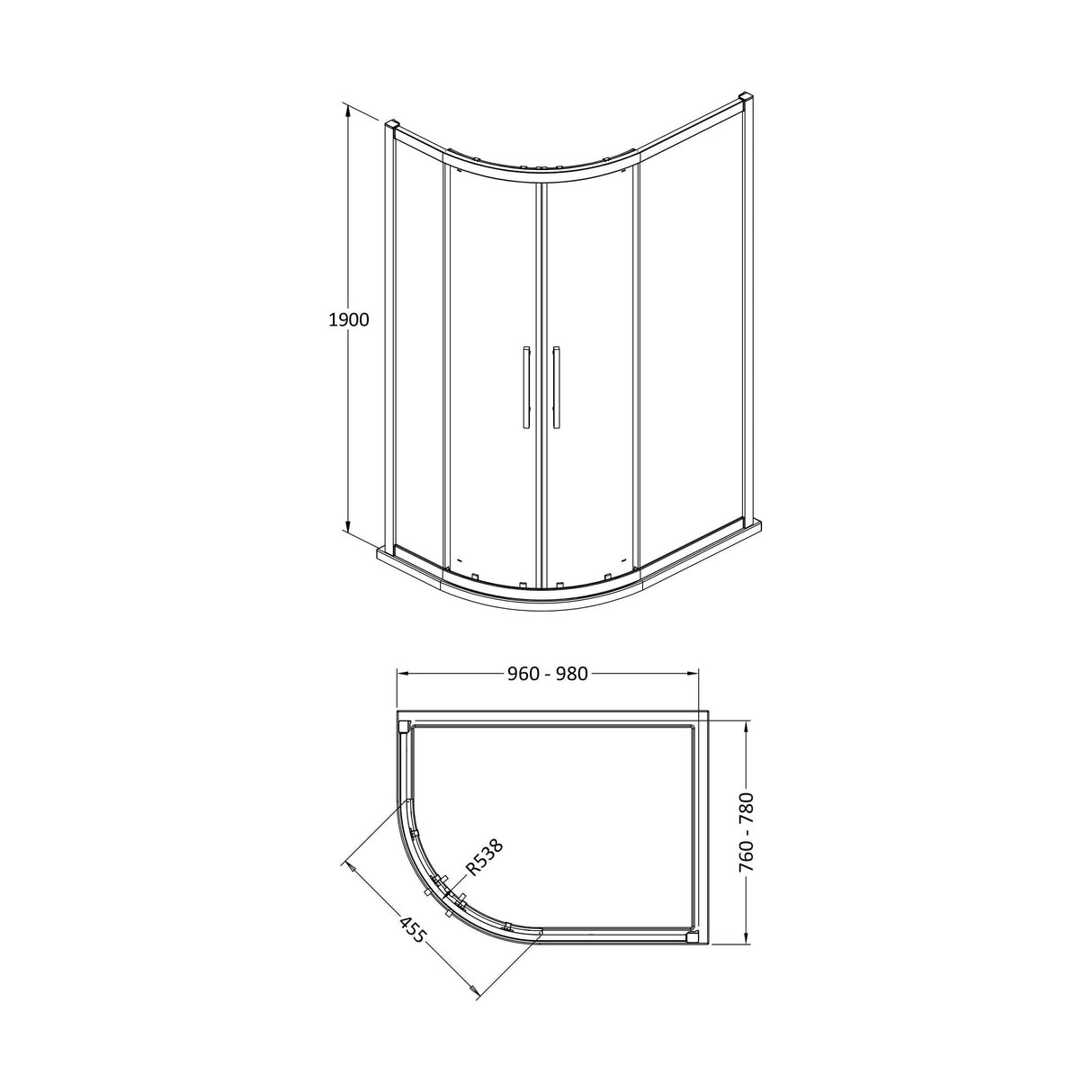 [BESOQ108H4] Sonic 8mm Toughened Safety Glass Offset Quadrant Shower Enclosure - Multiple Sizes Available - Technical Drawing