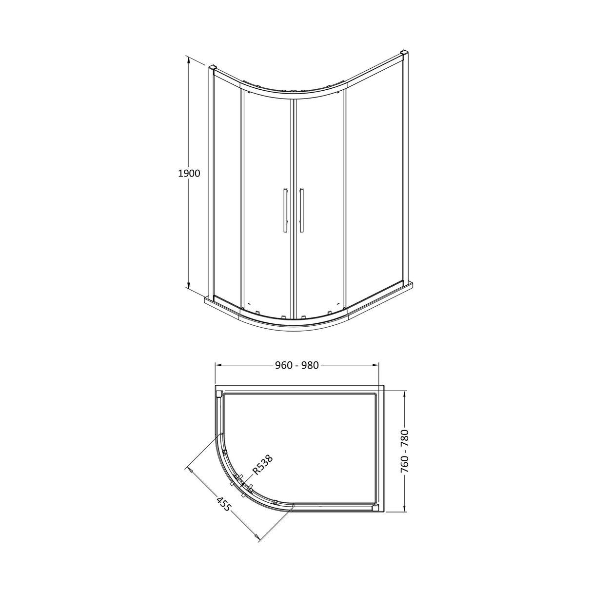 [BESOQ108] Sonic 8mm Toughened Safety Glass Offset Quadrant Shower Enclosure - Multiple Sizes Available - Technical Drawing