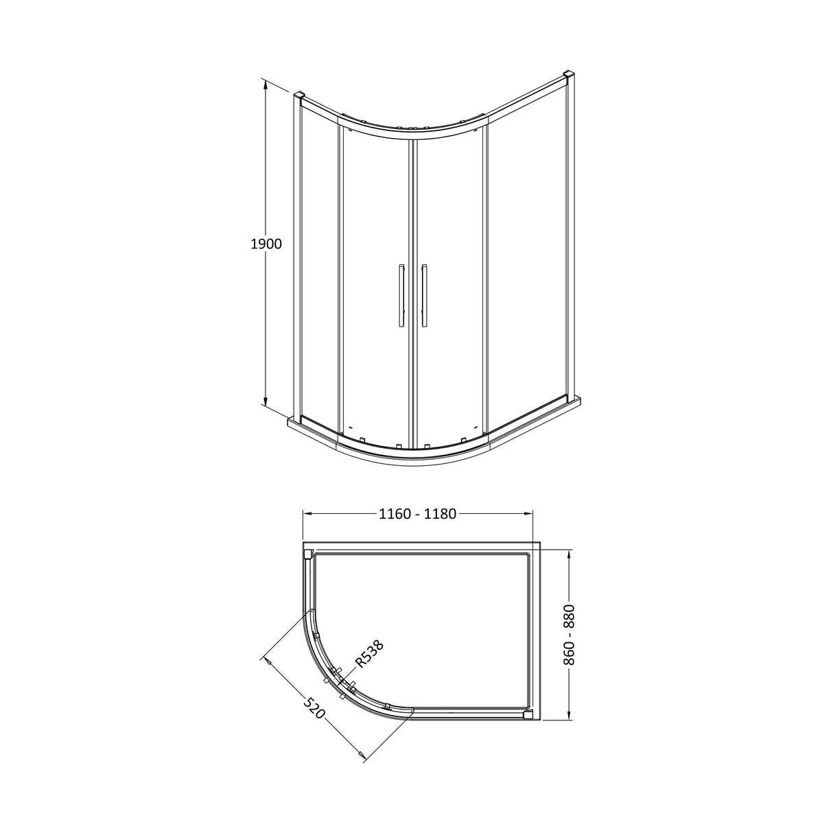 [BESOQ129H4] Sonic 8mm Toughened Safety Glass Offset Quadrant Shower Enclosure - Multiple Sizes Available - Technical Drawing