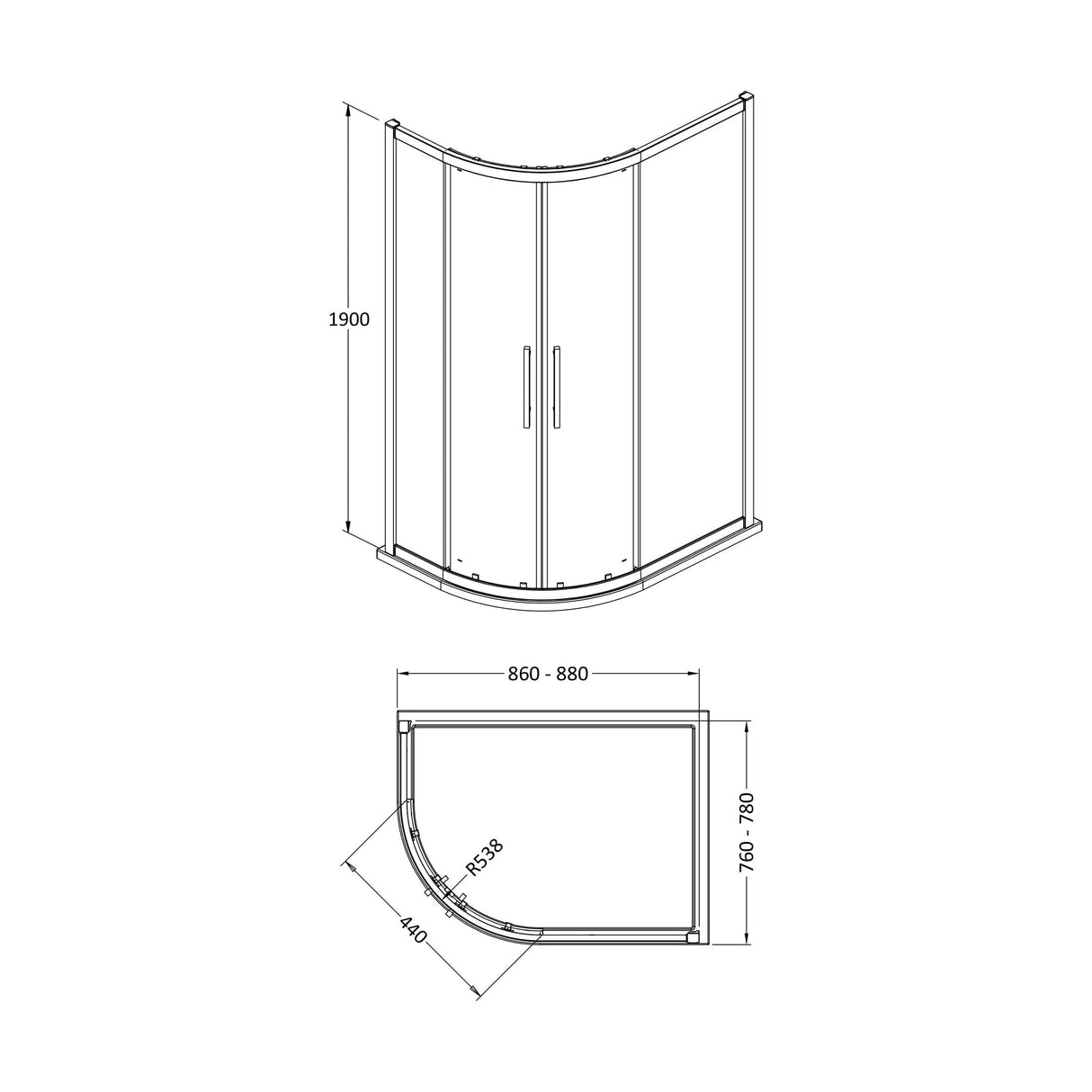 [BESOQ908H4] Sonic 8mm Toughened Safety Glass Offset Quadrant Shower Enclosure - Multiple Sizes Available - Technical Drawing