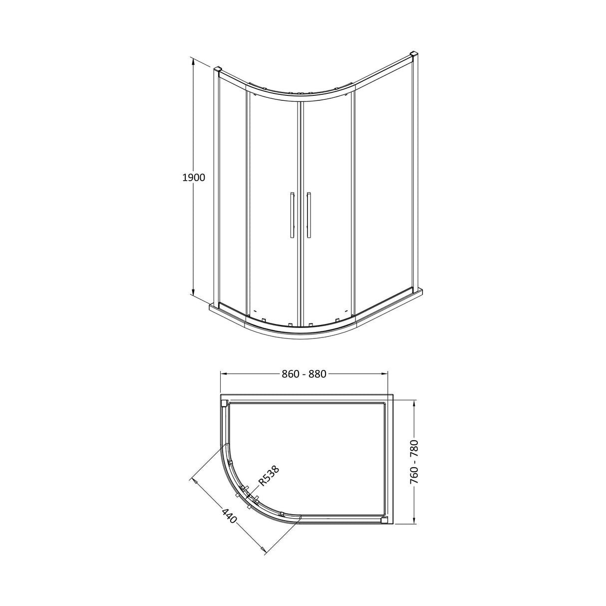 [BESOQ908] Sonic 8mm Toughened Safety Glass Offset Quadrant Shower Enclosure - Multiple Sizes Available - Technical Drawing